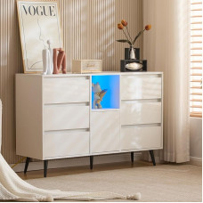 ModernLuxe White Buffet Sideboard with LED Lighting, 6 Silent Drawers, Push Open Doors, High Gloss Finish and Matt Black Metal Legs, 120 x 40 x 80 cm