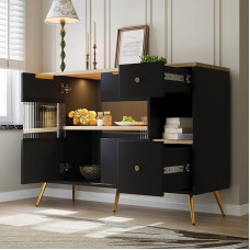Gelukueub Sideboard Dining Room Living Room Storage Cabinets with Glass Sliding Doors and LED Lights Wooden Sideboard Freestanding Cabinets Buffet Cabinets Kitchen Furniture (Black)