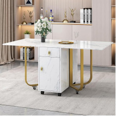 KUAKE Mobile Folding Table, White, with Cabinet and 2 Drawers, Folding Kitchen Table, Versatile Table, Space-Saving Dining Table with 4 Support Legs, with Pulley (Golden)