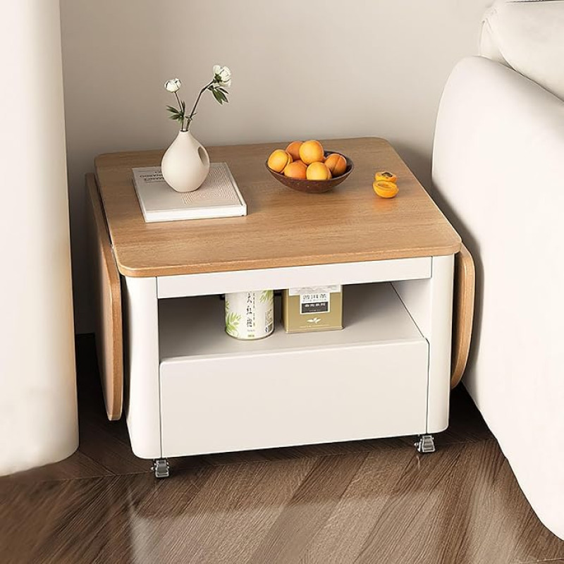 Foldable Coffee Table, Multifunctional Rectangular Side Table with Drawers & Storage Shelf, 360° Universal Wheel for Living Room, Apartment, Tiny Home