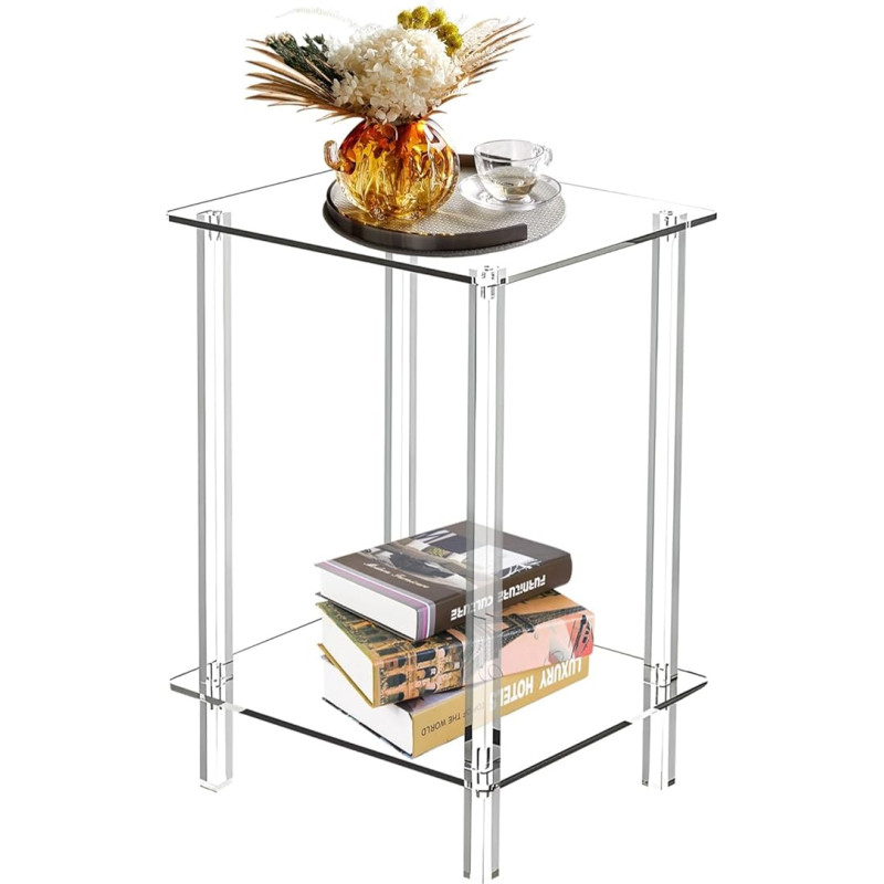 Clear Side Table 20 Inch Height Acrylic Side Table 2 Tier Glass Bedside Table Living Room with Shelf Modern Bedside Table for Bedroom Small Spaces Easy Assembly 0.6cm Thick