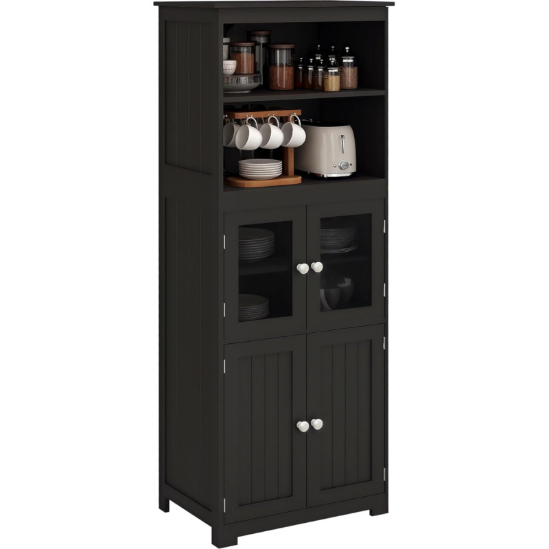 HOMCOM Kitchen Cupboard Kitchen Buffet Cupboard Storage Furniture with 2 Niches, 2 Cabinets with 4 Doors, 2 Glass Doors, Adjustable Shelf, 60 L x 30 D x 162 H cm, Black