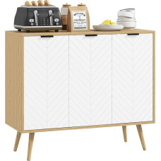 HOMCOM Lowboard Storage Furniture Adjustable Shelves 2 Cabinets 4 Doors Herringbone Pattern for Kitchen Dining Living Room 91.5 x 35 x 77.4 cm White and Natural Wood