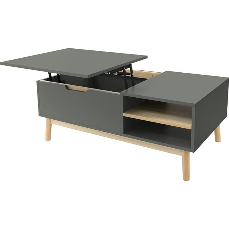 ML-Design Coffee Table 100 x 56 x 40 cm Green Natural Living Room Table with Height-Adjustable Table Top, Pine Wood Feet, Sofa Table with Open/Hidden Storage Space, Coffee Table Side Table for Living