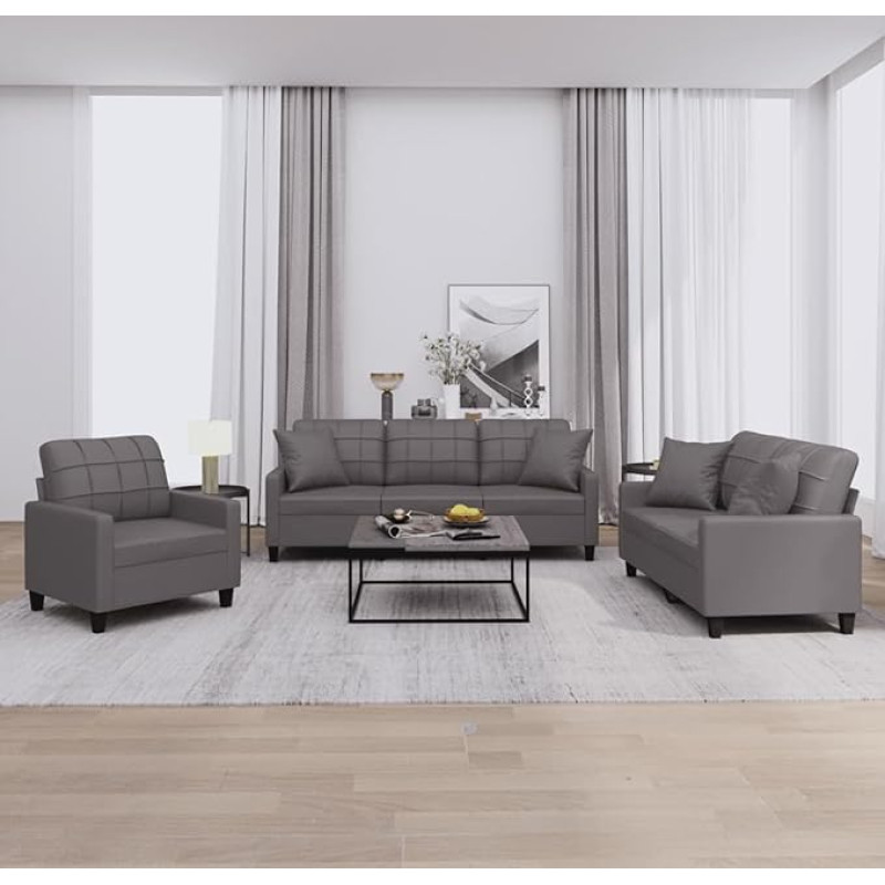 Brokky 3-TLG. Sofagarnitur mit Kissen Sofa Wohnzimmer Sitzgruppe Wohnzimmer Sofa Set Sofas FüR Wohnzimmer Grau Kunstlederer / 3201350