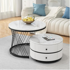 Wyibwy Coffee Tables Set of 2 Round Side Table Marble Effect Coffee Table with 2 Drawers Combined Side Table 60 x 60 x 46 cm + 50 x 50 x 31 cm White and Black