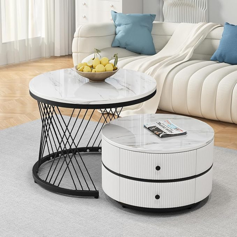 Wyibwy Coffee Tables Set of 2 Round Side Table Marble Effect Coffee Table with 2 Drawers Combined Side Table 60 x 60 x 46 cm + 50 x 50 x 31 cm White and Black