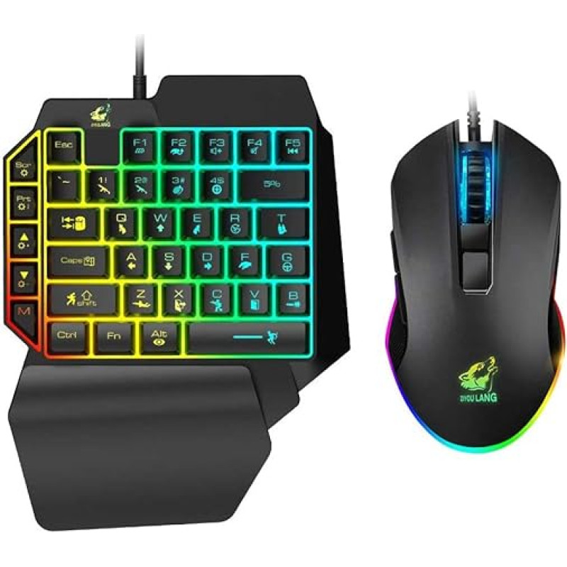 Gaming Keyboard and Mouse Combination Wired 39 Keys Mechanical Feel Rainbow Backlight with Wrist Support for PC/Xbox/PS4 Single Handed Keyboard and RGB Gaming Mouse (Black)