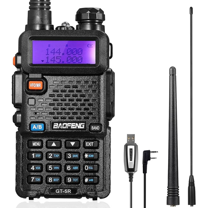 BAOFENG GT-5R Walkie Talkie, kahesageduslik raadio UHF VHF 144-146/430-440MHz, 128 kanali mäluga, 1800 mAh aku, programmeerimiskaabel, kõrvaklapid täiskasvanutele, Chirp toetatud