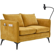 LVHOM Mini Sofa 2-Seater with USB Charging Port & Mobile Phone Holder, Modern Chenille Living Room Sofa in Yellow, with Side Pockets, for Small Spaces, Office & Home
