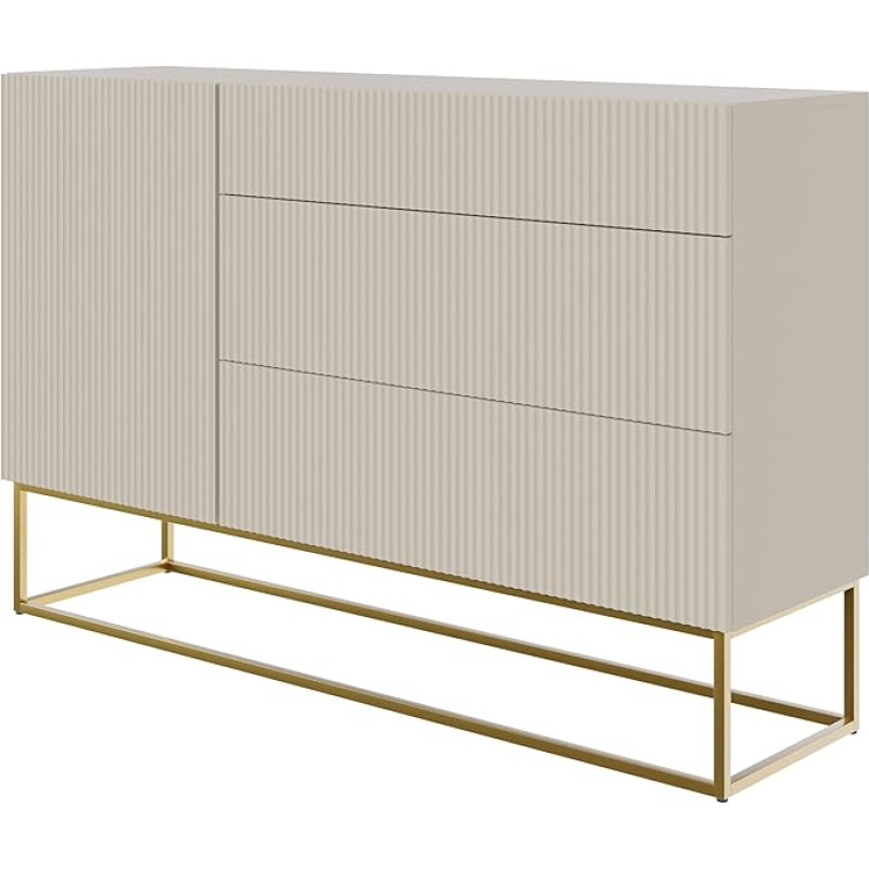 Selsey Veldio Chest of Drawers Storage Cabinet 140 cm with 3 Drawers and 1 Door Grey Beige Golden Legs