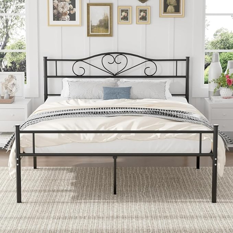 VECELO 4ft x 7ft Double Metal Bed Frame - No Slatted Base - Easy Assembly - Large Slatted Base - Black