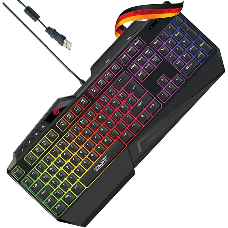 SCHWAIGER GT108 Gaming Keyboard PC Computer Keyboard RGB Lighting Anti-Ghosting Keys QWERTZ Smartphone Holder Wrist Rest Multi-Media Control Rainbow Colours