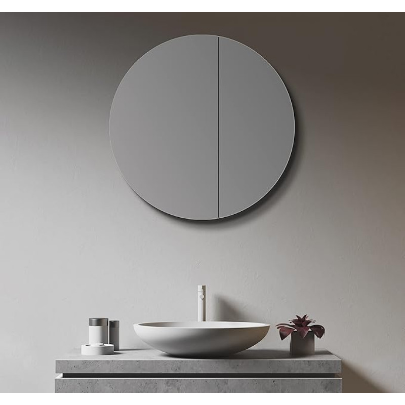 Talos Bathroom Mirror Cabinet Round Diameter 60 cm - Bathroom Mirror Cabinet with High-Quality Aluminium Body and 2 Glass Shelves