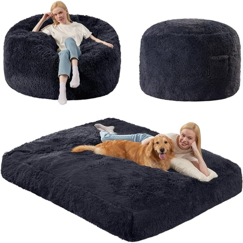 Bean Bag Chair Bed for Adults - Giant Bean Bag Lounge Sofa Couch Bed 40D Memory Foam Bean Bag Floor Mattress Bed with 290gsm Soothing Plush Washable Removable Cover