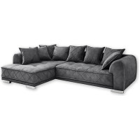 Stella Trading SENTINA Corner Sofa in Velvet Look, Anthracite, Modern Corner Couch in L-Shape with Universally Adjustable Ottoman and Decorative Quilting, 319 x 73 (90) x 194 cm (W x H x D)