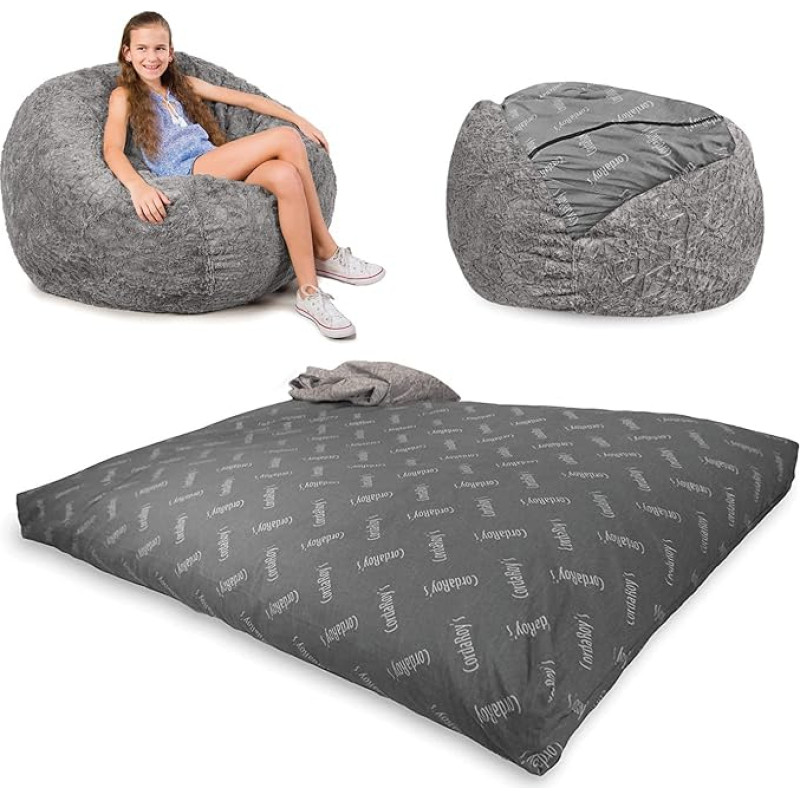 CordaRoy's Grey Faux Fur Convertible Bean Bag Chair Folds from Bean Bag to Lounger as Seen on Shark Tank - Full Size