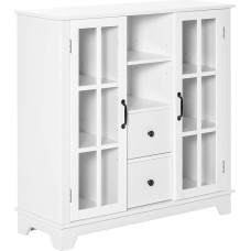 HOMCOM Kitchen Cabinet Sideboard Storage Cabinet Modern Elegant with 2 Drawers and Glass Doors for Dining Room Living Room MDF White 100 x 35 x 100 cm