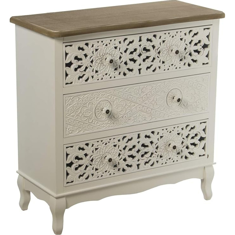 DRW Chest of Drawers with 3 Drawers Carved Wood with White and Natural Top 75 x 34 x 76 cm