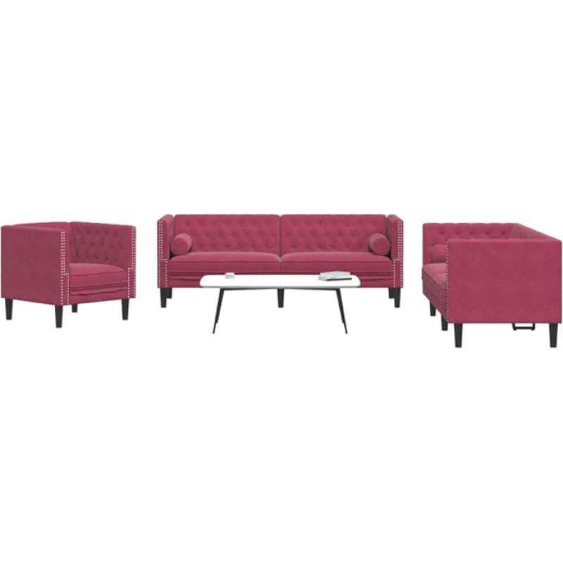Willood 3-Piece Chesterfield Sofa Set with Bolsters Sofa Set with Cushions for Living Room Upholstered Sofa Couch Armchair Wine Red Velvet