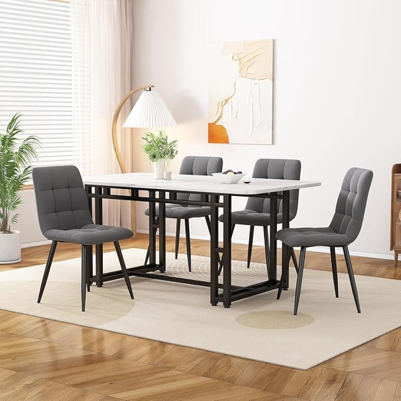Lexiou Dining Table with 4 Chairs Set, Modern Kitchen Dining Table Set, Dining Room Chairs, Black Iron Leg Table (Velvet, Dark Grey) 120 x 70 cm