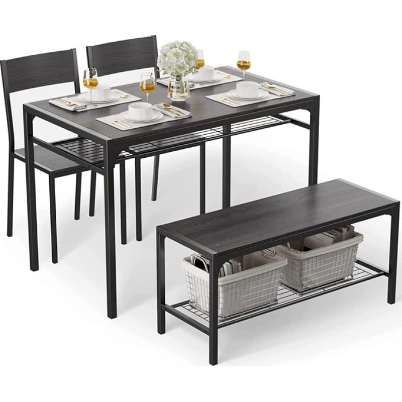 Gizoon Kitchen Table and 2 Chairs for 4 People with Bench 4 Piece Dining Table Set for Small Space, Apartment, Black
