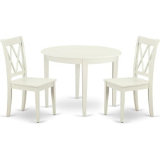 East West Furniture BOCL3-LWH-W 3-teiliges Esszimmermöbel-Set enthält einen runden Esstisch und 2 Holzsitzstühle, 106 x 107 cm, Leinenweiß