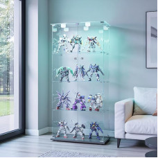 Glass Display Cabinet with LED Knock Light, 163 x 78.5 x 35 cm, 4 Layers Glass Wood Display Cabinet with 2 Doors and Lock, Collector's Display Cabinet Made of Tempered Glass, Glass Display Cabinet