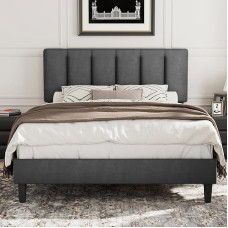 VECELO Upholstered Bed 140 x 200 cm Double Bed with Height-Adjustable Headboard, Bed Frame Fabric Bed with Slatted Base, Padded Bed Frame, No Box Spring Required, Velvet, Without Mattress, Grey