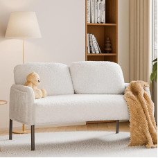 Mondeer 2 Siter Sofa, Small Couch with Side Pocket and Padded Metal Feet, Cosy Faux Lambskin Fabric, Modern, for Living Room, Bedroom, 122 x 76 x 75 cm, White