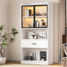 Kebnor Curio Display Case with Light, Storage Shelves with Pop-up Glass Doors, 1 Large Drawer & 16 Colours Light, Collectibles Cabinet Display Shelf (White (Type 1))