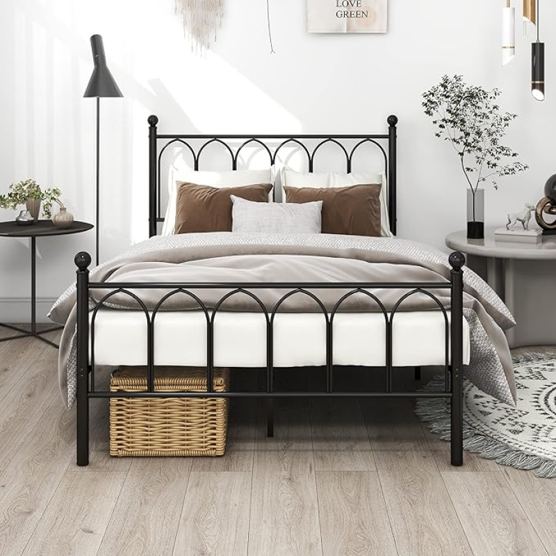 Diahomy Bed Frame 120 x 200 cm Metal Bed Frame with Slatted Base Double Bed Frame with Headboard Guest Bed Black