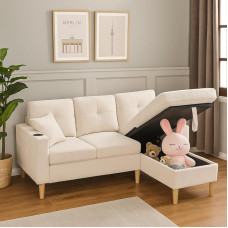 Corner Sofa with Sleep Function, Bed Box & Storage Space - Sofa Bed with Drink Holder and Side Pockets - Modern L Sofa for Living Room & Guest Room