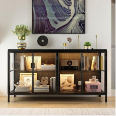 DEZAGCE Glass Sideboard, Glass Cabinet, 2-Door Glass Sideboard with Iron Frame, Glass Display Case with 3-Colour Light Strips, 40 x 140 x 75 cm, Black