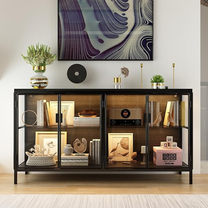 DEZAGCE Glass Sideboard, Glass Cabinet, 2-Door Glass Sideboard with Iron Frame, Glass Display Case with 3-Colour Light Strips, 40 x 140 x 75 cm, Black