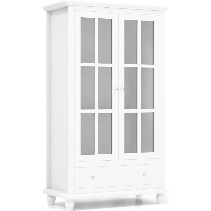 COSTWAY Bookcase, Display Cabinet with Tempered Glass Doors, Adjustable Shelf & Drawer, Office Cabinet, Filing Cabinet for Home Office and Living Room, 80 x 40 x 139 cm, White