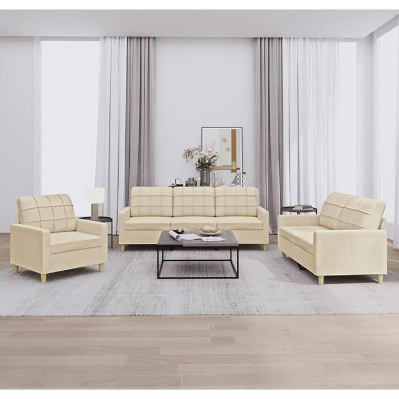 Festnight 3-2-1 Sofa Set, Lounge Sofa, 3-Seater Sofa + 2-Seater Sofa + Chair Fabric, Sofas & Couches for Living Room, Bedroom, Office, Home, Cream