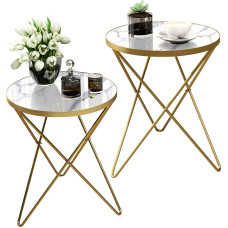 Modern Round Side Table, Set of 2, Side Table with Marble Effect Top and Gold Metal Frame, Small Side Table for Living Room, Bedroom, Gold Legs, White Marble Top