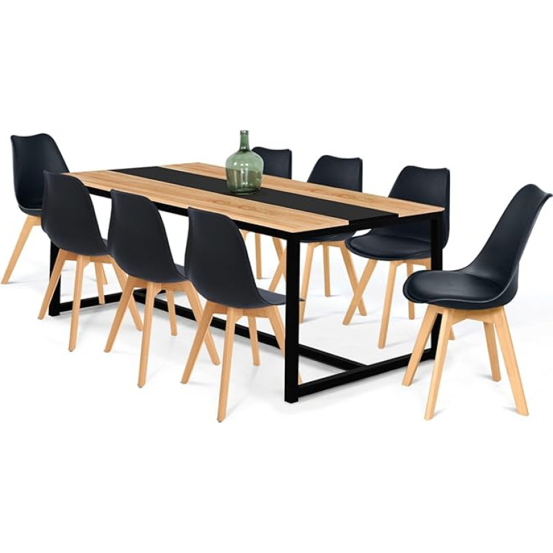 IDMarket - Dover 8 Seater Rectangular Dining Table - Black Middle Band Industrial Design - 180cm