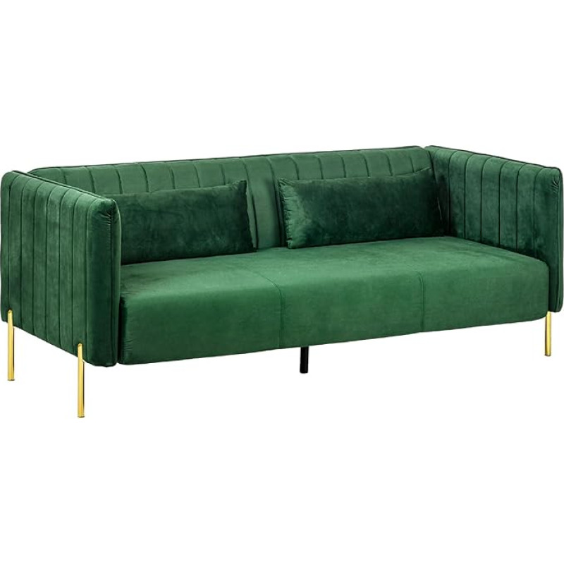 HOMCOM 3-Seater Sofa Guest Sofa with 2 Seat Cushions, Three Couch with Armrest, Padded Sofa with Velvet Look for Living Room, Bedroom, 200 x 88 x 76 cm, Green