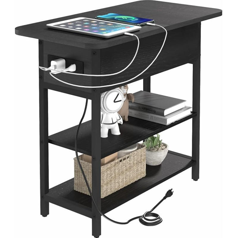 Yoobure Side Table with Charging Station, Flip Top Side Table with USB Ports and Outputs, Sofa Coffee Table, Bedside Table for Living Room, Bedroom, Narrow Bedside Table with Storage Shelves