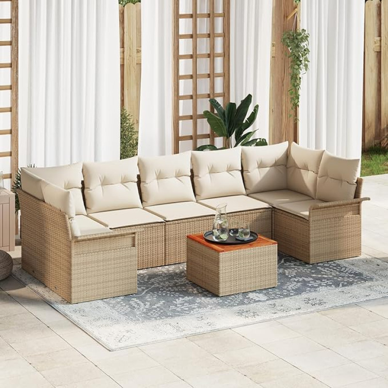 Rantry 8-teiliges Garten Sofa Set mit Kissen Beige Poly Rattan Akazie Gartenlounge Model3347295