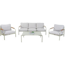 Mendler HWC-O11 Aluminium Garden Set, Outdoor 3-Seater Bench, Armchair, Sofa, Olefin (205 g/m²) - Light Green Upholstery Beige
