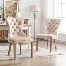 Merax Dining Room Chairs, Set of 2, Modern Upholstered Chairs with High Back and Nail Head Trim, Comfortable Velvet Living Room Chair for Study, Kitchen, Bedroom, Oak Legs, Beige