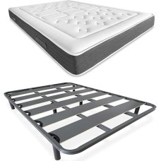 DUÉRMETE ONLINE Bio Nature Full Bed with Memory Foam Mattress + Reinforced Slatted Frame 40 x 30 mm with 6 Metal Feet, Alloy Steel, Grey, 135 x 190 cm