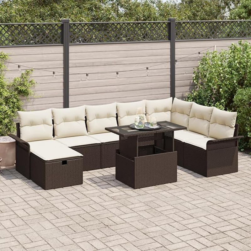 Rantry 9-teiliges Garten-Sofaset mit Kissen aus braunem Poly-Rattan, 2-Sitzer Garten-Sofa mit Stauraum und Kissen aus braunem Poly-Rattan Gartenlounge Model3361027