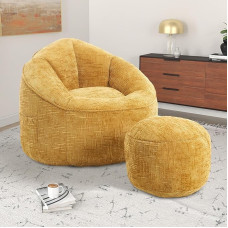AUKWIK Bean Bag with Stool, Soft Chair, Sofa Made of Chenille for Living Room, Bedroom, Yellow