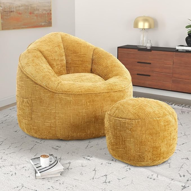 AUKWIK Bean Bag with Stool, Soft Chair, Sofa Made of Chenille for Living Room, Bedroom, Yellow