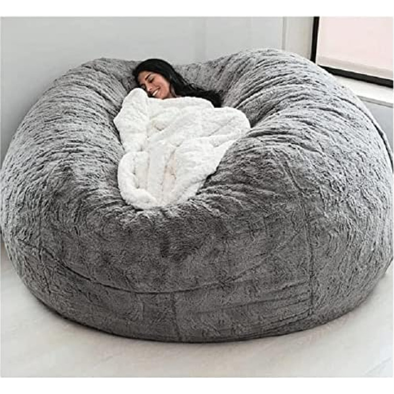 Giant Bean Bag Cover (No Filler) 7 Feet 6 Feet 5 ft Bean Bag Chair, Washable Bean Bag Sofa Sack Chair Large Lounger Compartment Fur Cover for Dormitory Family Room, Grey, 7 ft (180 x 90 cm)