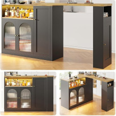 DRIXNO 360° Rotating Bar Table (Main Body 78 x 15.6 x 38.2 inch) Matte Black Cabinet with Wood Grain Desk with Changhong Glass Cabinet Door and LED Light Sideboard